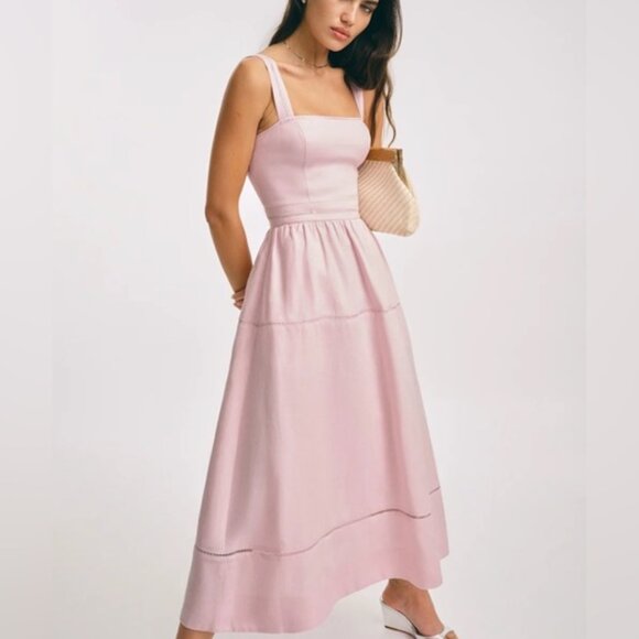 NEW Reformation Everett Linen Midi Dress Cherry Blossom Light Pink | US 6 UK 10 - Picture 12 of 15